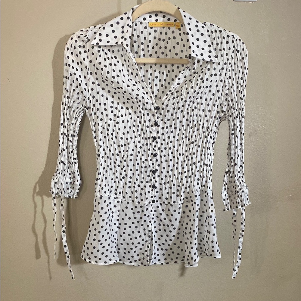 Vintage White and Black Ruched Puff Sleeve Blouse